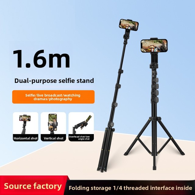 1.6M Adjustable Aluminum Selfie Stick Tripod Foldable Portable Cell Phone Holder for Live Stream Travel Outdoor Photography