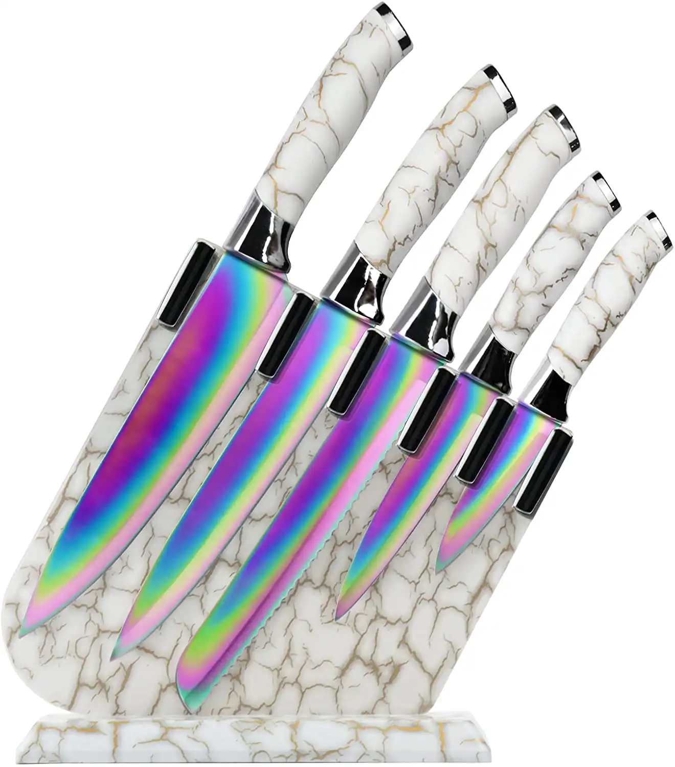 Set di coltelli da cucina in acciaio inossidabile arcobaleno 6 pezzi all'ingrosso con blocco acrilico