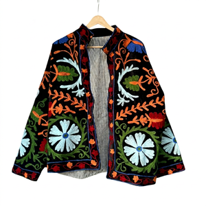 Abrigo de terciopelo bordado estilo bohemio con estampado floral, cuello mandarín, talla grande, ropa de abrigo de otoño para mujer - Product Image 1
