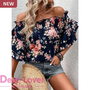 Dear-Lover Private Label High-Quality Fashion Women Cute Elegant Floral Print Ruffled Blouses Shirts Off Shoulder Top