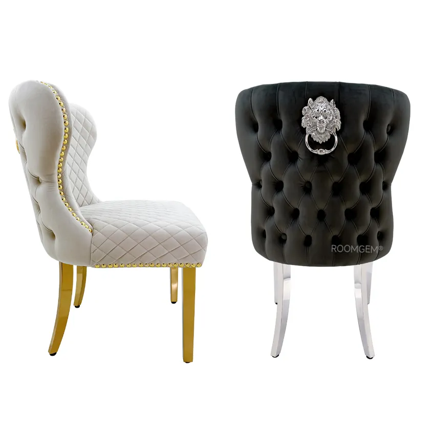 Bouton personnalisé touffeté velours Lion heurtoir arrière Design de luxe moderne jambes en acier inoxydable salle à manger ensembles de 6 chaises de salle à manger
