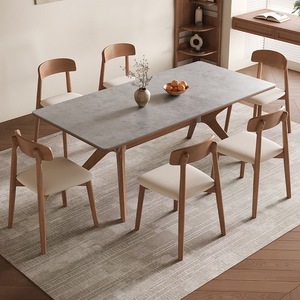 Ensemble de table et chaises de salle à manger rectangulaire en marbre et bois massif, style minimaliste et moderne, 4 à 6 places, design vintage complet. - Product Image 3