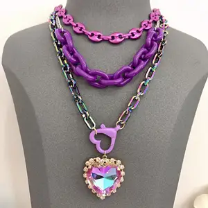 BD-B3353 Good looking purple chain with silver chain and pig nose chain and crystal pave heart pendant for daily life and party