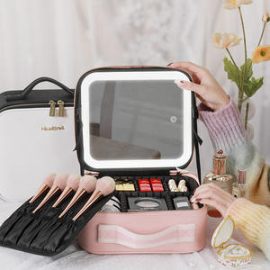 Bolsa de maquillaje NiceEnd con espejo iluminado, estuche de cuero PU de gran capacidad para cosméticos, bolsa de almacenamiento de viaje para mujer, asa suave - Product Image 1