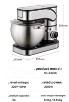 Promotion : Batteur sur socle 6-en-1 2000W 10L, moteur en acier inoxydable, entièrement automatique, pour mélanger la pâte et le lait, usage domestique/commercial, 220V-50Hz