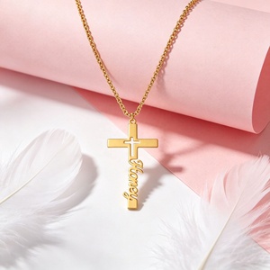 <b>Personalized</b> Name Cross Necklace Custom Engrave Name Hollow Cross Pendant Gold Plated Religious Jewel Birthday Gift for Women - Product Image 2
