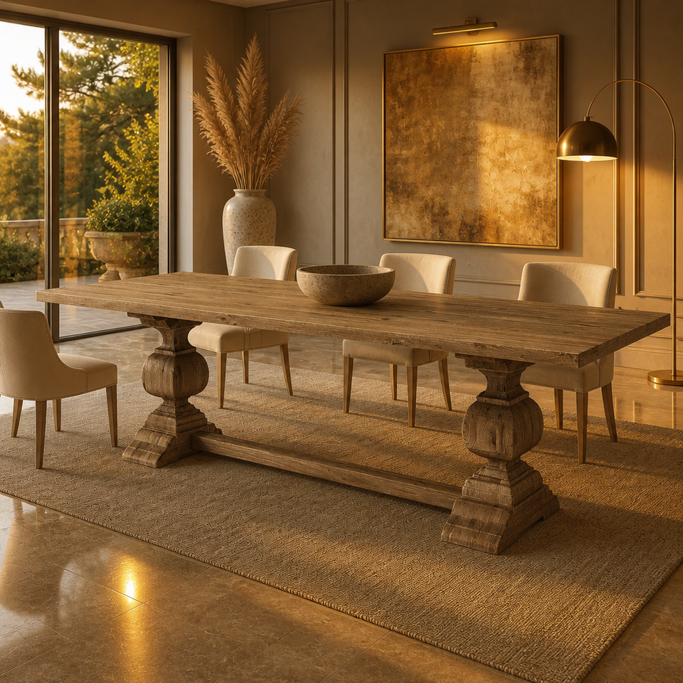 Rectangular Shape Dining Table Minimalist Luxury Hand-carved Corbels Turned Trestle Base Solid Wood ...