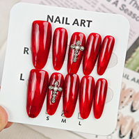 Presse sur ongles rose 3D Amande-Faux ongles à pointe française moyenne Finition brillante Faux ongles réutilisables Kit d'ongles 10 pièces pour femmes