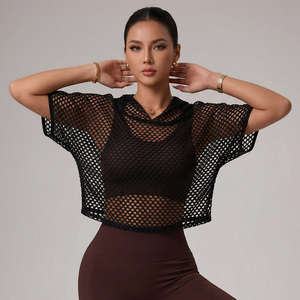 Women Short Sleeve Mesh Hooded Tshirts 92% Polyester 8% Spandex Sports Yoga <strong>See</strong> <strong>Though</strong> Tshirts Fishnet <strong>Tops</strong> - Product Image 2
