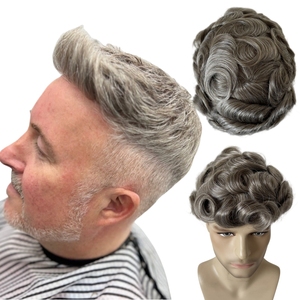 Remplacement de <span class=keywords><strong>cheveux</strong></span> humains vierges européens # Prothèse capillaire en PU 740 nœuds couleur brun <span class=keywords><strong>clair</strong></span> gris, unité complète à peau fine 8x10 pour hommes blancs - Product Image 1