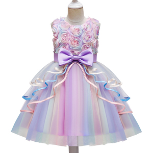 Robe de princesse florale pour filles, en dentelle à volants, en tulle, pour fête ou mariage, avec nœud et motif de baldaquin rose pour enfants - Product Image 1