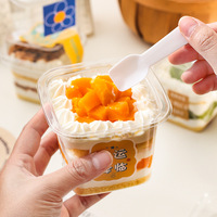 Pot carré en plastique PET de 380 ml avec cuillère, boîte à dessert individuelle jetable pour mousse, gâteau, utilisation alimentaire
