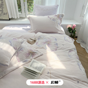 Hongchang Milk Fleece Four-Piece <b>Set</b> Thickened Anti-static Winter Princess <b>Bedding</b> Solid Color Embroidered - Product Image 2