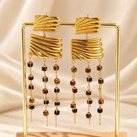 Boucles d'oreilles pendantes Novirassine plaquées or 18 carats en forme de coquillage ondulé avec pampilles en pierre œil de tigre pour femme, bijoux vintage tendance