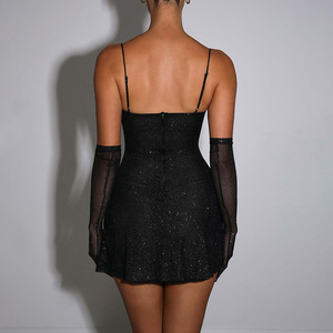 Vestido de noche de moda para mujer con escote corazón, espalda descubierta, malla con capa transparente, manga larga y falda corta - Product Image 4
