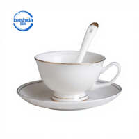 Tasse à café en céramique blanche personnalisée avec soucoupe et cuillère, 250 ml, bord doré, style américain, ensemble de tasses à thé en porcelaine, vaisselle d'hôtel