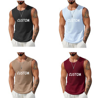 Camiseta sin mangas tipo gofre para hombre, con logo personalizado de fábrica, lavada, desgastada, de ajuste holgado y alta elasticidad, para fitness y gimnasio