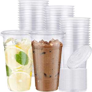 Gobelets en plastique PET jetables à paroi simple de bonne qualité avec logo personnalisé, transparents de 98 mm avec couvercles plats pour jus froid et thé - Product Image 1