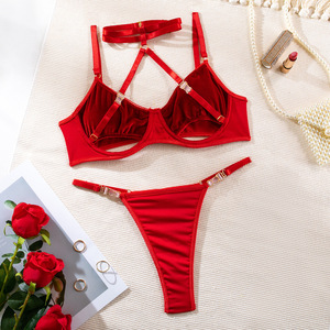 Vente d'usine : Nouvel ensemble de lingerie confortable à porter autour du cou, avec soutien-gorge et culotte, en tissu floqué élastique et ajustable - Product Image 6