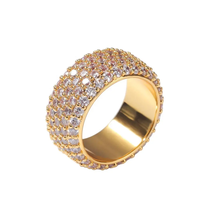 18K Vergoldeter Legierungs-Herzring mit Breitem Band, Voll Besetzt mit Oval Geschliffenen Kubischen Zirkonia, Zertifiziert von Drittanbietern, Hip-Hop-Ring