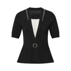 Abbigliamento Femminile: <span class=keywords><strong>Cardigan</strong></span> in Maglia a Maniche Corte con Peplum alla Moda, Top a Due Pezzi con Scollo a V Decorato con Perline e Anello in Metallo - Product Image 2