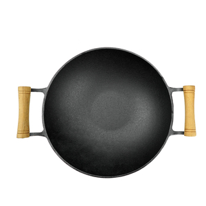 Wok rond pré-assaisonné en fonte noire à double manche en bois avec couvercle pour cuisinière à gaz et à induction <span class=keywords><strong>Pot</strong></span> en métal - Product Image 3