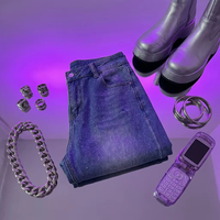 Jean en denim déchiré taille haute micro-évasé Y2K scintillant avec cristaux, coupe ample respirante, jambe large, longueur genou, style fête mignon pour femme