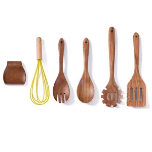 Juego de utensilios de cocina de madera de teca, cuchara mezcladora de madera para Pasta, batidor de huevos y ensalada