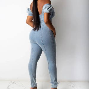 Mode femme <span class=keywords><strong>taille</strong></span> Haute À Manches Longues dos nu Jeans barboteuse lavage à l'eau Bleu Conception De Fermeture À Glissière Denim Salopette - Product Image 4