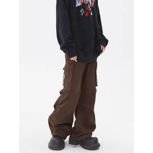 Pantalon cargo unisexe Melard rétro multi-poches à cordon de serrage, marron, printemps automne, streetwear, ample, droit, long, tendance, mi-peint, décontracté - Product Image 2