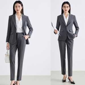 Women's Suit <b>Set</b> Gray Polyester Spring <b>Office</b> Lady Anti-Wrinkle Formal Business Wear Full Sleeve - Product Image 1