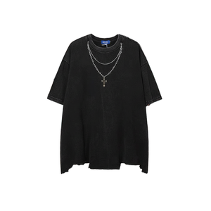 230g Cotton <b>Polyester</b> Blend Crew Neck Cross Chain Blank Design Breathable Durable Oversize Ripped Hem <b>Tshirt</b> for Spring Summer - Product Image 1