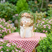 Pot de fleurs en résine artisanal en forme de buste de fille aux yeux fermés avec trou de drainage, pot à succulentes en forme de couronne, décoration de bureau, maison et jardin