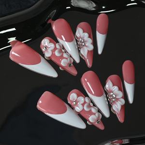 Uñas acrílicas artesanales al por mayor, uñas postizas de cobertura completa en forma de lágrima, diseños de flores talladas a mano, personalización disponible - Product Image 1