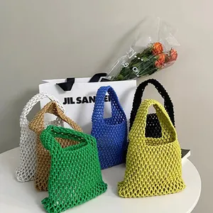 2022 Neuheiten Baumwolle Leinen gewebte Hollow Out Handtasche für Frauen Einfache Mesh Tote Sommerreise Strand tasche Weibliche Einkaufstasche