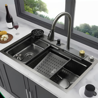 Évier de cuisine rectangulaire noir en acier inoxydable 304 nano, fait main, à cuve unique, avec robinet doré, évier intelligent