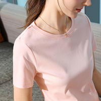 Kaos Wanita Lengan Pendek Musim Panas Bahan Katun Mercerized dengan Sentuhan Sutra Es, Model Simpel Mengecilkan Pinggang, Warna Solid