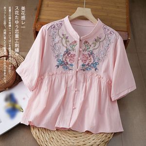 Traditional Chinese Embroidered Cotton Linen Top Women Short Sleeve Loose Fit Purple Ethnic Style Button Front Shirt - Product Image 2