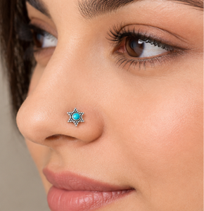 Bijou de nez ethnique indien en argent sterling 925, turquoise, avec pierre précieuse ronde et serti floral perlé, pour femme et fille - Product Image 2