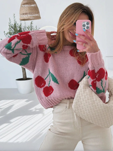 Pull-over col rond pour femme, collection automne-<span class=keywords><strong>hiver</strong></span>, jacquard <span class=keywords><strong>cerise</strong></span>, ample, manches longues, nouvelle collection, tricoté, <span class=keywords><strong>d</strong></span>écontracté, devant - Product Image 2