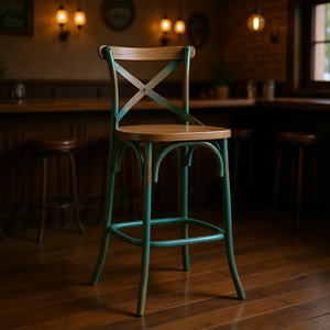 Tabouret de bar en chêne antique avec dossier croisé et structure métallique, mobilier commercial - Product Image 2