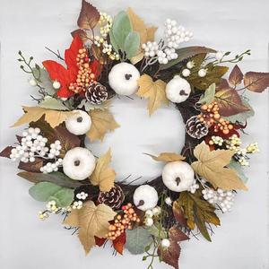 Artificial Autumn <b>Wreath</b> With White Pumpkins Maple Leaves Berries For Home Decor 40Cm - Product Image 1