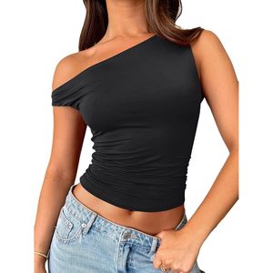 Haut court sans manches pour femmes, débardeur extensible froncé, à épaules dénudées, pour la mode estivale - Product Image 1