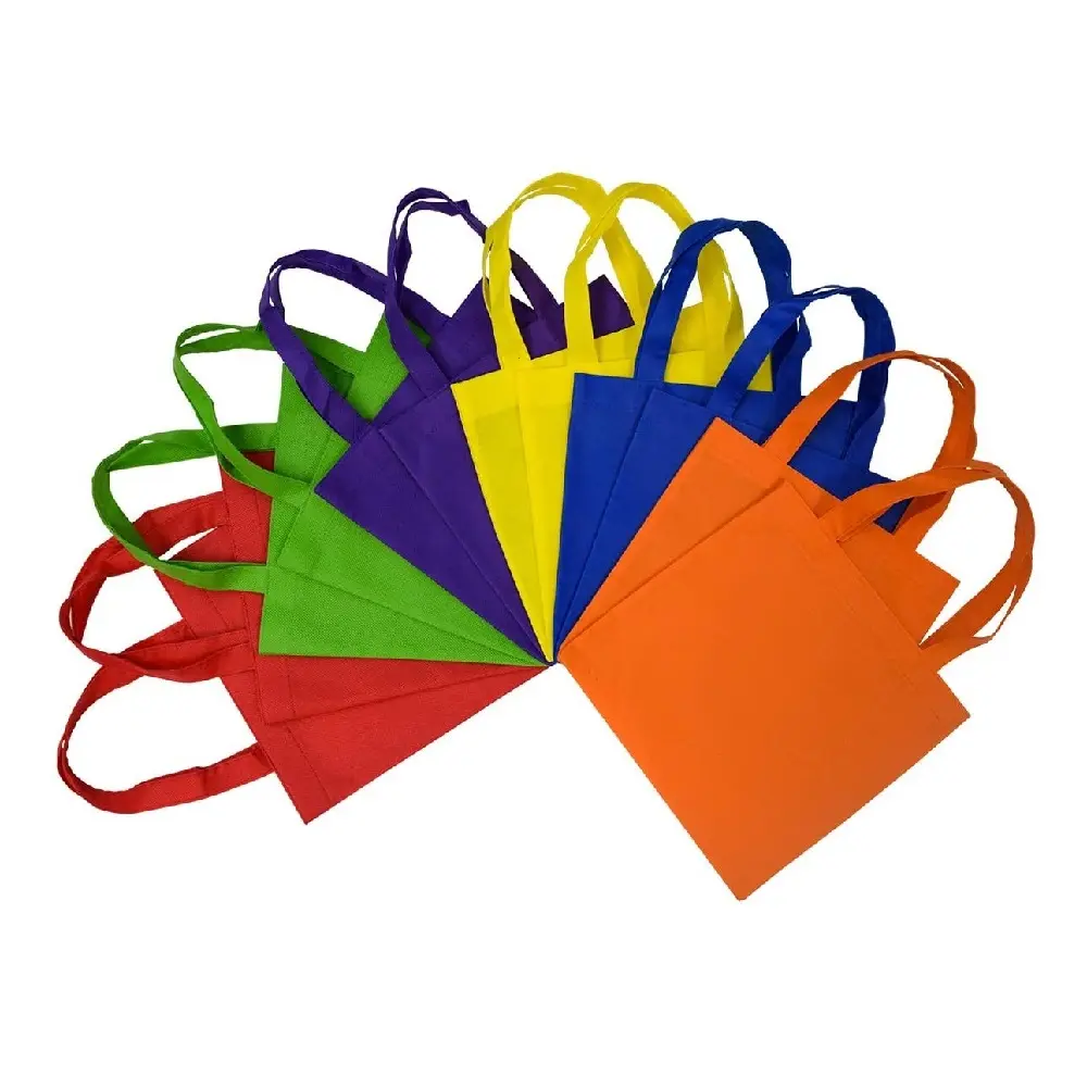 FREE SAMPLE Kids Gift Bags - 12 Pack 10x10 Inch Large Fabric Git Bags with Handles Multi Color Cloth Fabric Reusable Totes Bulk