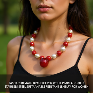 Fashion Beaded <b>Bracelet</b> <b>Red</b> White Pearl Gold Plated Stainless Steel Sustainable Resistant Jewelry for Women - Product Image 3