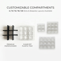 Boîte cadeau en papier pour chocolats haut de gamme à 4/9 cavités, avec couvercle à fenêtre transparente et insert en plastique PET
