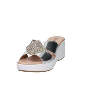 Sandalias de cuña para mujer Cinzia Soft, color plateado metálico, con plataforma y tacón, estilo slip-on. - Product Image 1
