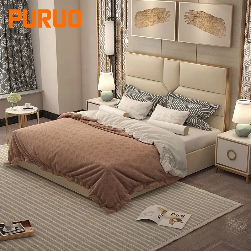 Mobili per camera da letto PURUO hotel di lusso moderno in pelle beauty queen letti in legno con struttura in acciaio inossidabile