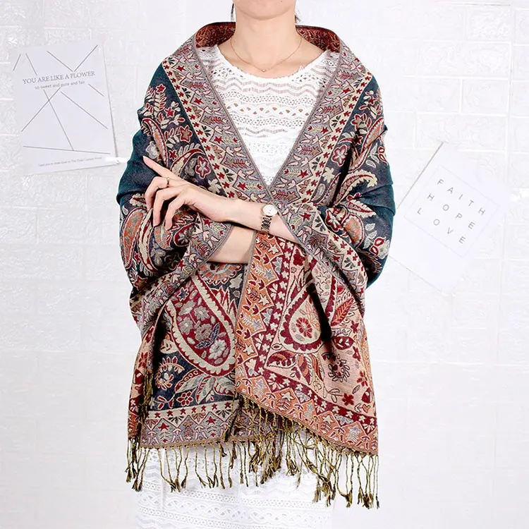Hot selling luxury quality elegant ladies paisley kashmiri pashmina scarf jacquard tassel fringed shawl