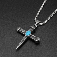 Collier personnalisé en acier inoxydable, croix d'ongle bleu turquoise, pendentif de croix de pierres précieuses bleues rétro